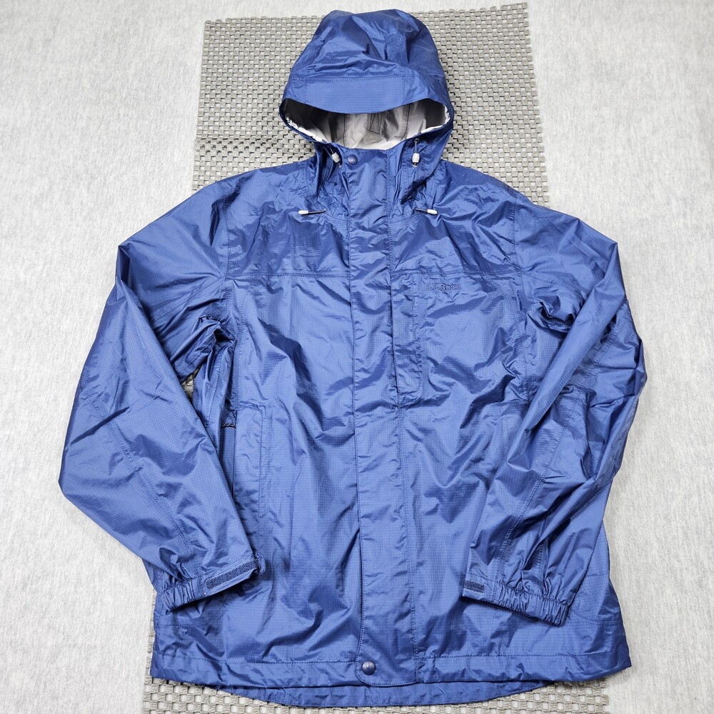 LL Bean Rain Jacket Mens Small Blue Trail Model Rain TEK Hooded Hiking Outdoors